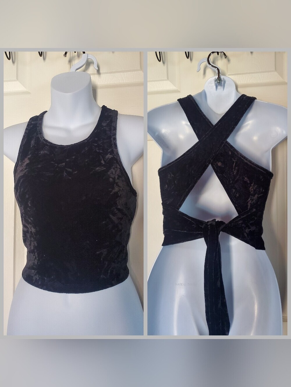 Black Velvet Crisscross Tie-Back Crop Tank Top Grunge Witchy Punk Metal Small